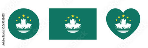 Regional Flag of Macao Republic of China heart, circle, rectangle. Lotus flower above Governador Nobre de Carvalho Bridge, water in white, beneath circular arc of five golden stars on emerald green.