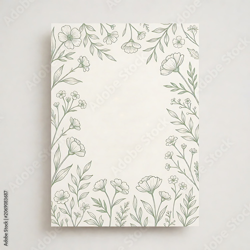 Elegant wedding invitation with elegant frame of wildflowers and herbs. Minimalist floral template on white paper