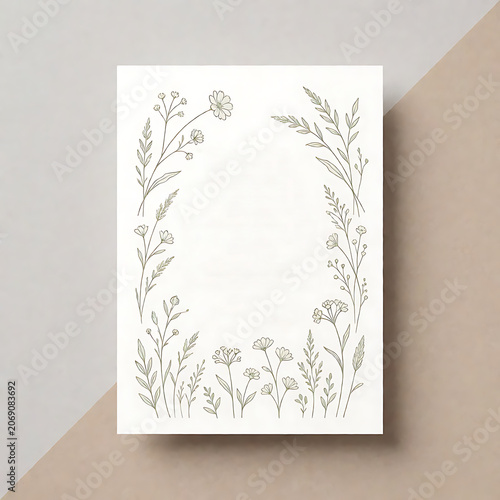 Elegant wedding frame with delicate wildflowers and branches. Elegant floral template in green on a light background