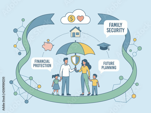 Flat vector life insurance illustration, family security, financial protection and future planning concept

