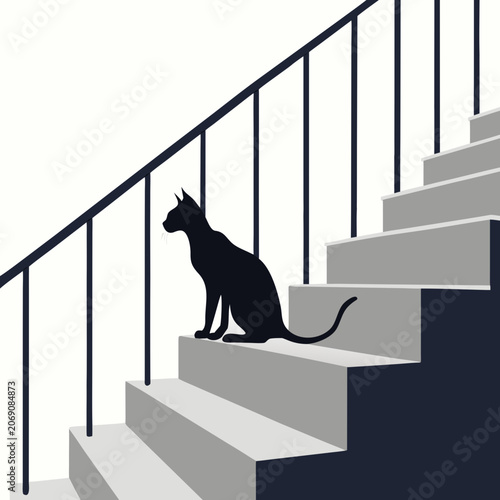 oriental shorthair cat silhouette sitting on modern stairs vector background