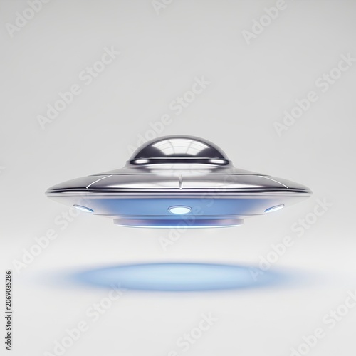 Shiny Chrome UFO Flying Saucer with Blue Lights Hovering in Studio.