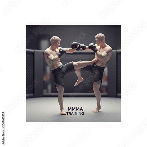 Two shirtless male MMA fighters training in a ring, practicing kicks and punches.