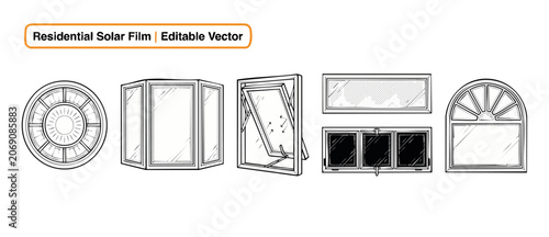 Residential window types vector icons pack for solar film installation templates showing architecture glass pane frames set in linear style for home renovation and tinting layout showcase decoration.