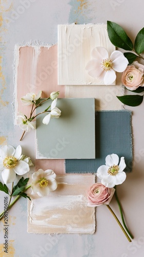 Elegant wedding color palettes displayed as painted swatches and fabric samples in blush, ivory, sage, dusty blue, and champagne.