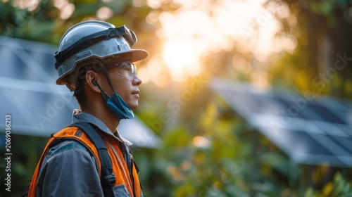 Plakat engineer installing solar panels in the jungle