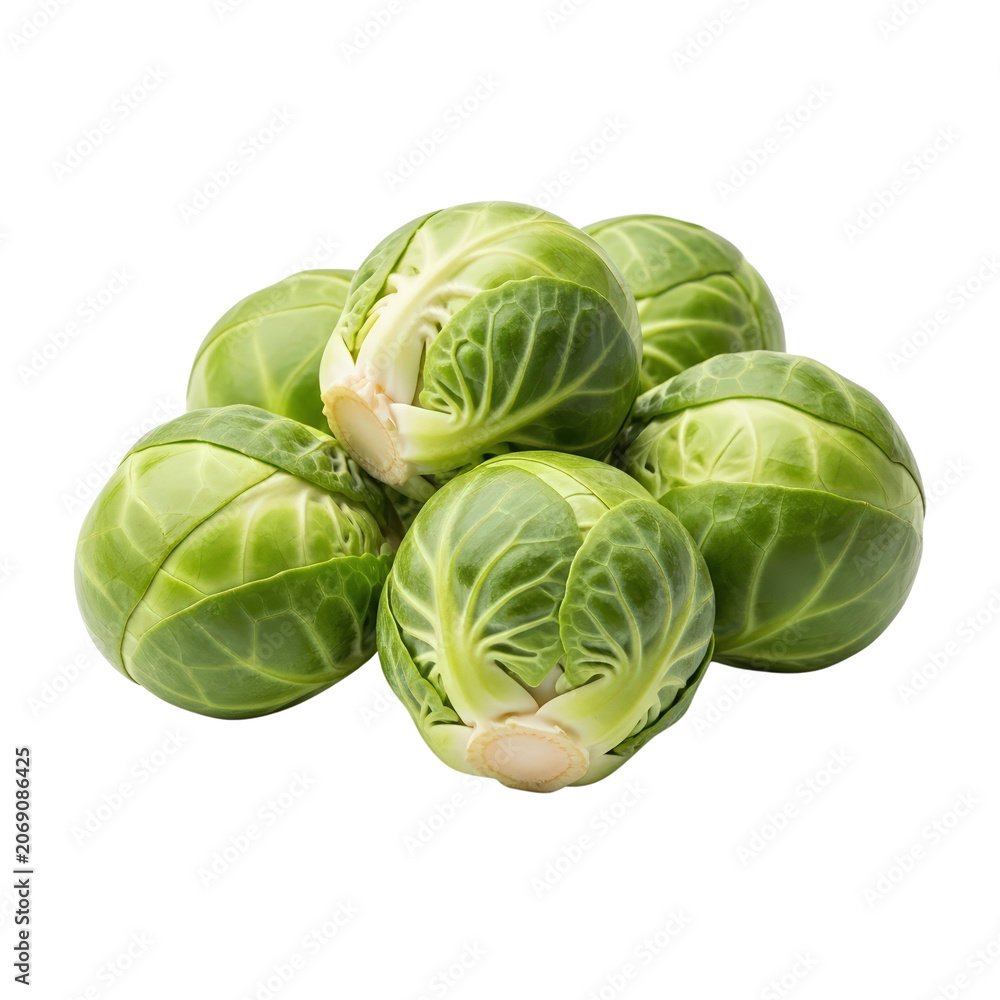 Fototapeta premium Brussels sprouts heads or buds, isolated on transparent background png. Farming, growing and cultivation of vegetables. Process of getting food. Healthy ingredients, plant-based diet