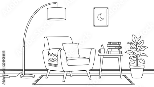 Schilderij op canvas Minimal Outline Reading Corner Coloring Page Featuring Armchair Book Stack Floor