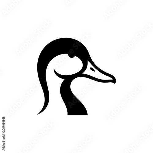 A black illustration of a duck's head in profile