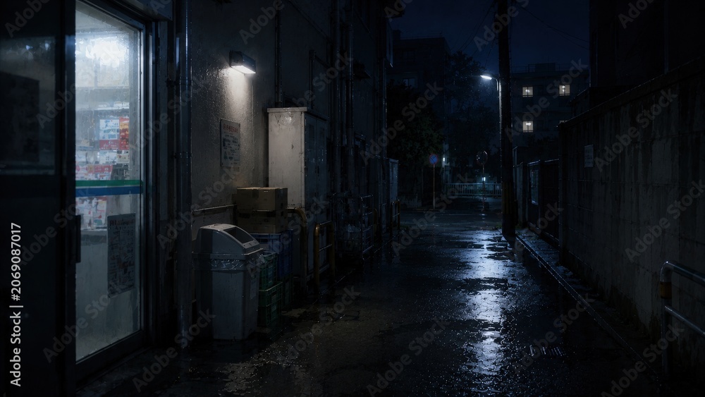 Naklejka premium 雨に濡れた夜の路地裏の風景