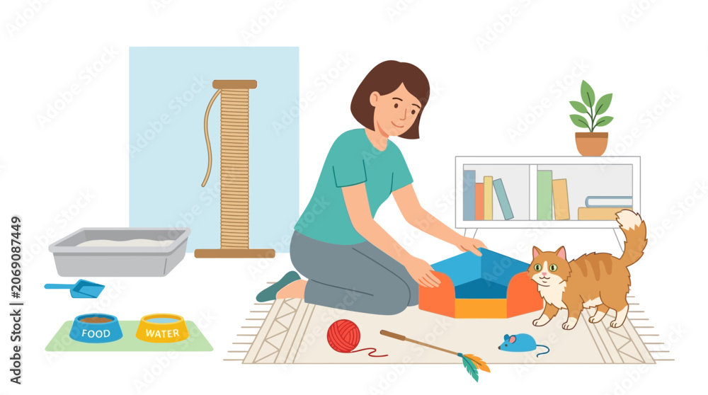 Fototapeta premium A caring woman demonstrates responsible pet ownership by setting up a cozy new home for her feline companion