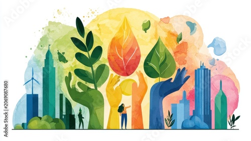 Corporate social responsibility illustration flat design front view sustainability theme water color vivid.