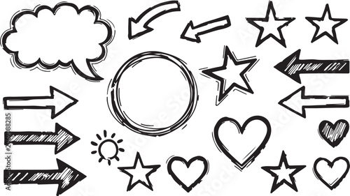A collection of hand-drawn black graphic elements, including various styles of arrows, stars, hearts, a speech bubble, a circle, and a small sun icon set against a white background.