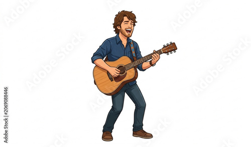 Male acoustic guitar singer cartoon illustration isolated on white background