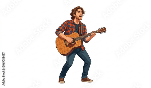 Male acoustic guitar singer cartoon illustration isolated on white background