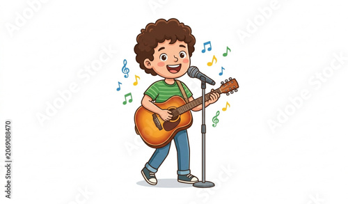 Cartoon guitar player singing and playing acoustic guitar vector isolated on white background