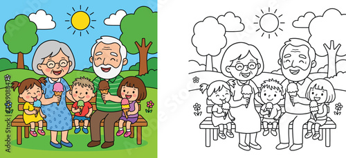 Grandparents and grandchildren eating ice cream in the park coloring book page set, color and outline illustration vector
