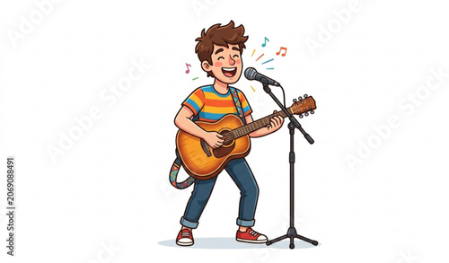 Cartoon guitar player singing and playing acoustic guitar vector isolated on white background