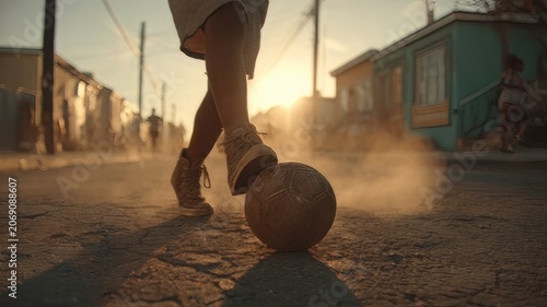 A young boy's foot rests on a worn street soccer ball