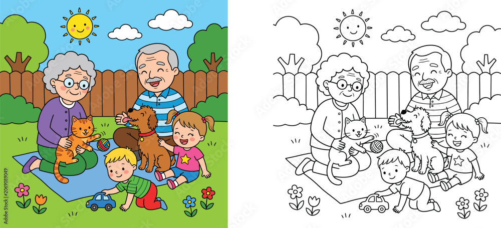 Fototapeta premium Coloring Page for Kids with Happy Family Having a Picnic in the Garden, Grandparents and Grandchildren Playing with Pets, Outline and Colored Version Vector