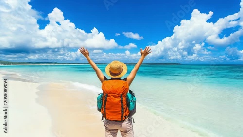 Traveler with orange backpack raising arms on beautiful tropical beach. Concept of freedom and joy during solo travel adventure