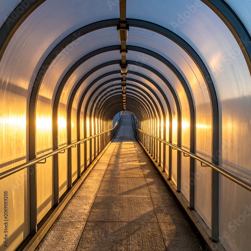 Sunlit Curved Pedestrian Tunnel Leading Forward in Modern Covered Walkway