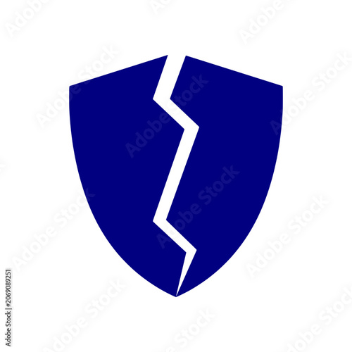 Cracked blue shield symbol for failed protection and compromised network security