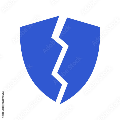Broken shield vector icon representing data breach and cybersecurity vulnerability