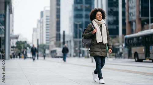 Jovem Mulher caminhando em avenida urbana moderna durante manhã fria de inverno, vestindo casaco acolchoado e cachecol, atmosfera leve e comercial contemporânea