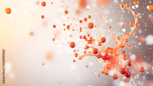 Abstract Orange Spheres and Liquid Splashes with Bokeh Background, Science and Technology