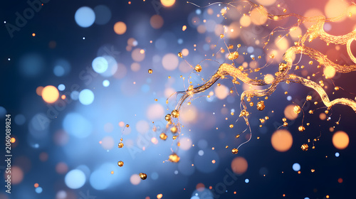 Abstract Golden Network with Glowing Spheres on a Dark Blue Bokeh Background