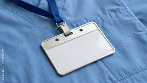 Close-up view of a blank white ID badge mockup on a blue medical scrub uniform. This professional healthcare staff identification tag includes a lanyard and space for a name or photo
