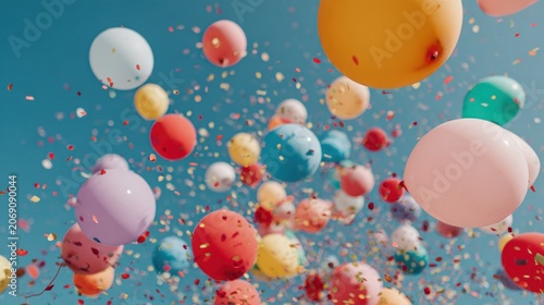 Numerous multicolored inflated orbs ascend against a bright cerulean daytime backdrop amidst falling confetti pieces.
