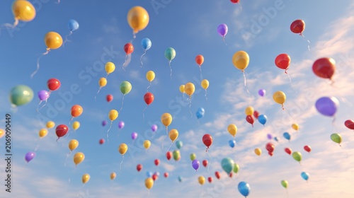 Numerous brightly colored inflated spheres ascend into the clear blue sky filled with wispy clouds