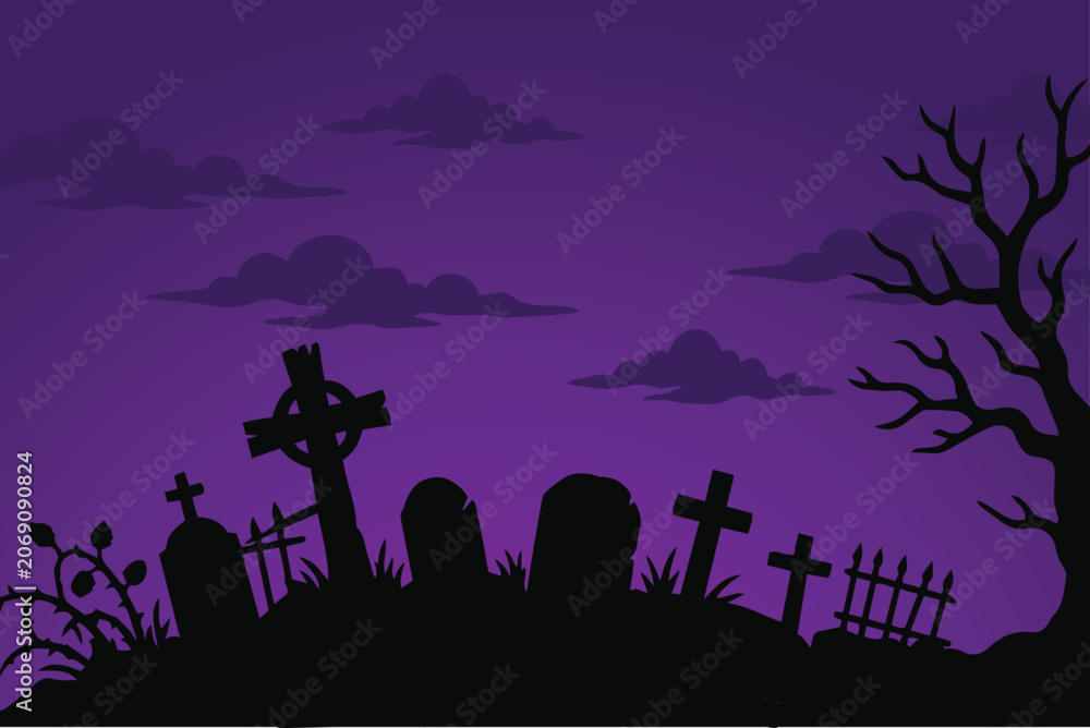 Naklejka premium Spooky Halloween Graveyard Silhouette Background with Dead Tree
