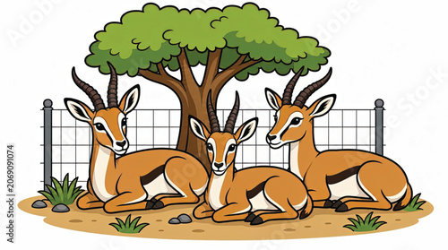 Three brown antelopes with horns resting.