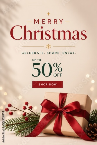 Elegant merry christmas sale banner with luxury gift box festive ribbon and seasonal discount