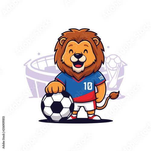 Cute Lion Mascot with Football Jersey World Cup Flat Vector Illustration