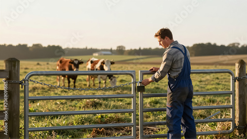 A young farmer in blue overalls locks a metal gate with a chain and padlock at sunset. Two cows graze in a lush pasture. Concept of secure farm management and agriculture