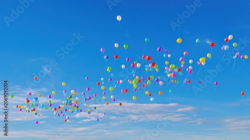 Multitude of colorful inflated spheres ascend into the clear bright daytime sky