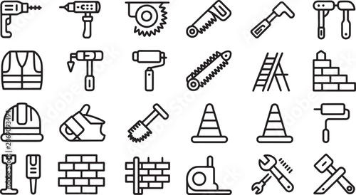 Photos Tools Equipment Icon Set with Outlined Illustrations of Hammer, Saw, Drill, Wren