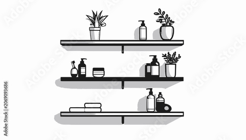 Bathroom shelf with soap bottles.