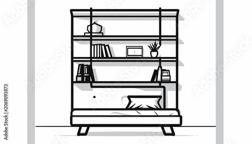 Modern minimalist bookshelf with decorative items.