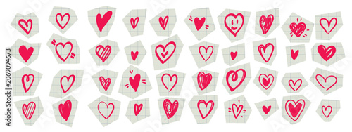 Collection of hand-drawn red hearts on torn grid paper pieces. Cute doodle love symbols in different styles, perfect for Valentine s Day designs, romantic decorations, stickers, and creative