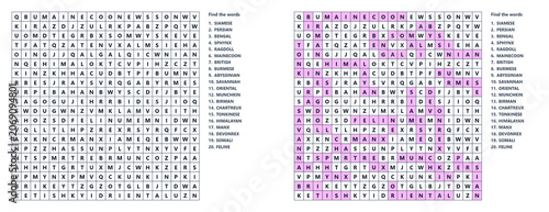 Medium Cat Breeds Cat Word Seek Puzzle Vector for Cat Day
