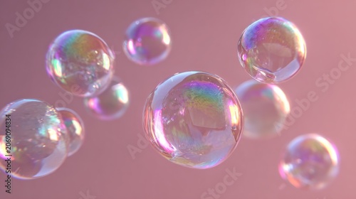 Multiple iridescent soap spheres float against a soft pink background