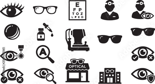 Ophthalmology and optometry icon set, 18 black vector symbols for eye care, vision health and optical clinic services, medical diagnostic equipment