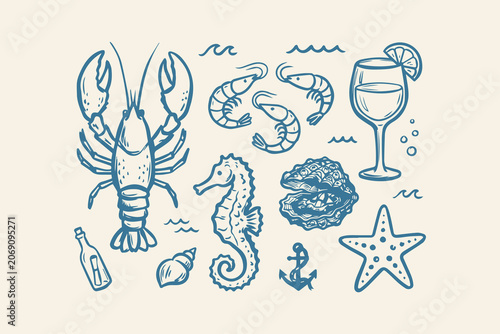 Canvas Print Hand drawn doodle set of sea animals lobster shrimp seahorse shell starfish and