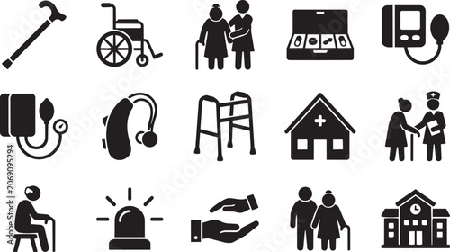 Konstfotografi Elderly care icons set, 15 black vector silhouettes for senior nursing and geria