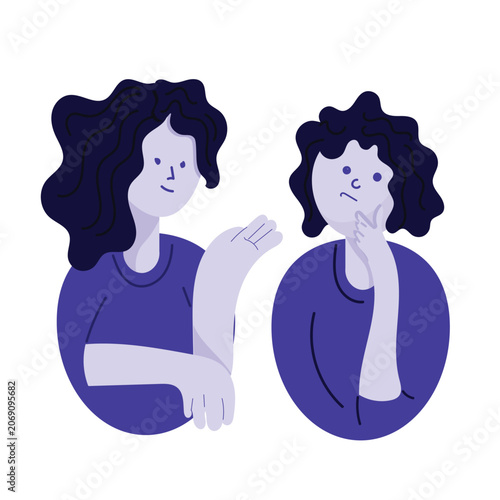 Two women engaging in a friendly conversation and brainstorming ideas, rendered in a modern, simple flat vector illustration style.